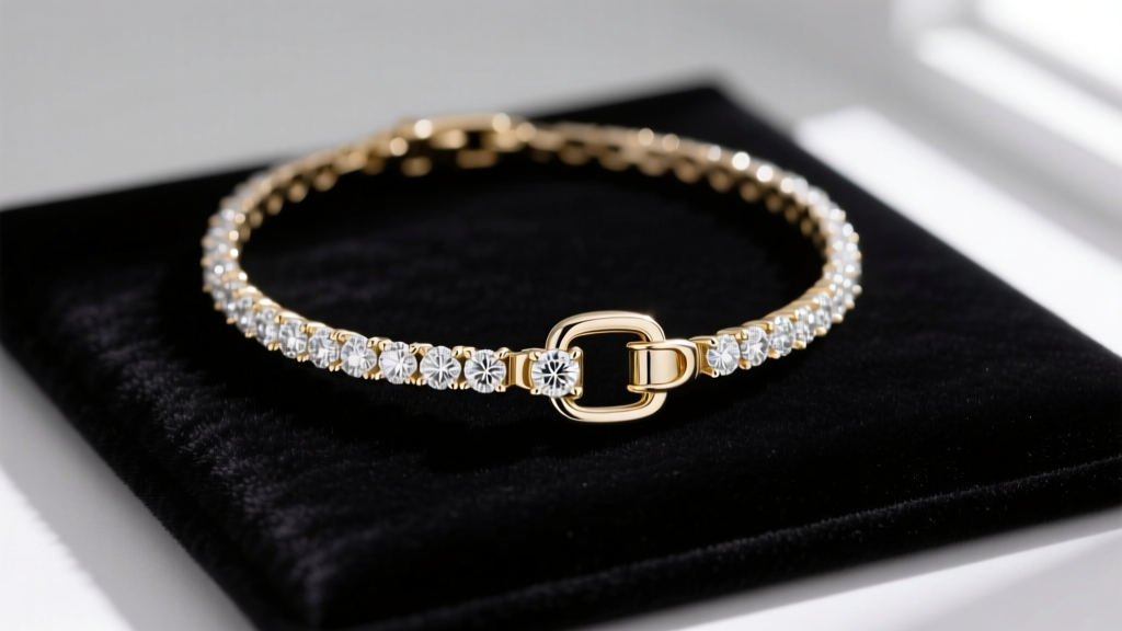 Macro shot of a white gold four-prong diamond tennis necklace clasp with double safety catches on a black velvet display pad