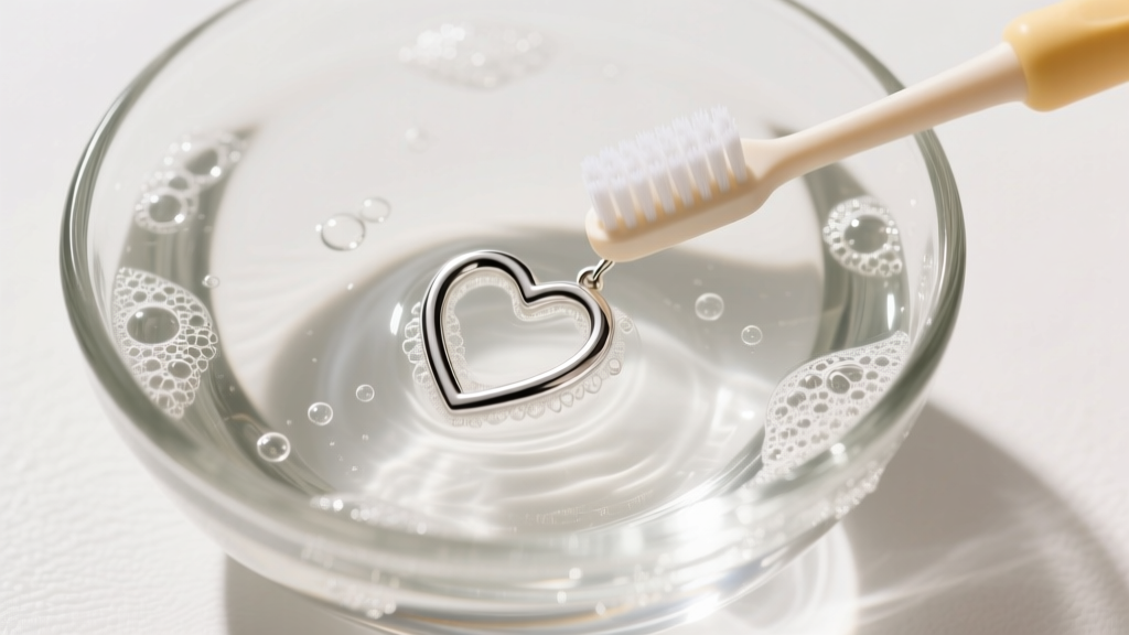 Overhead view of a glass bowl containing warm soapy water and a soft-bristled baby toothbrush cleaning delicate silver heart hoops