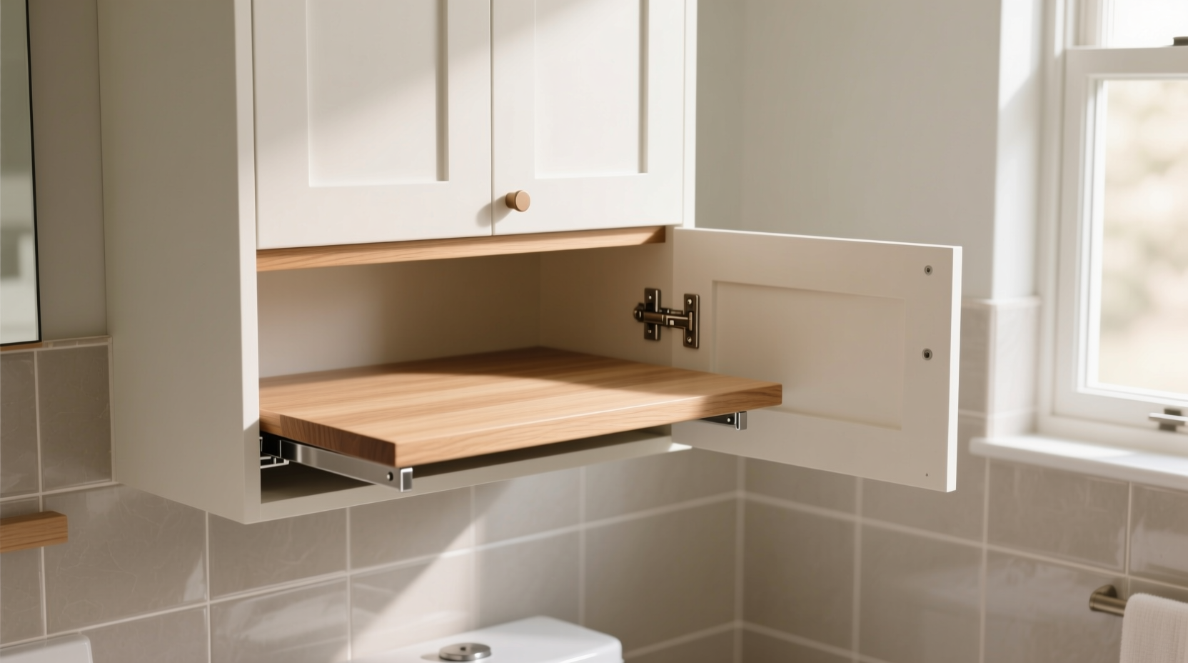 add a swing out shelf to your bathroom cupboard for eas