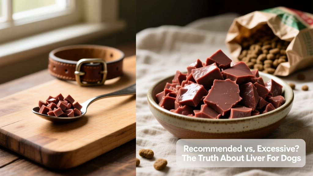 Side-by-side comparison: recommended portion size (small spoonful) vs. excessive amount (large pile) of beef liver
