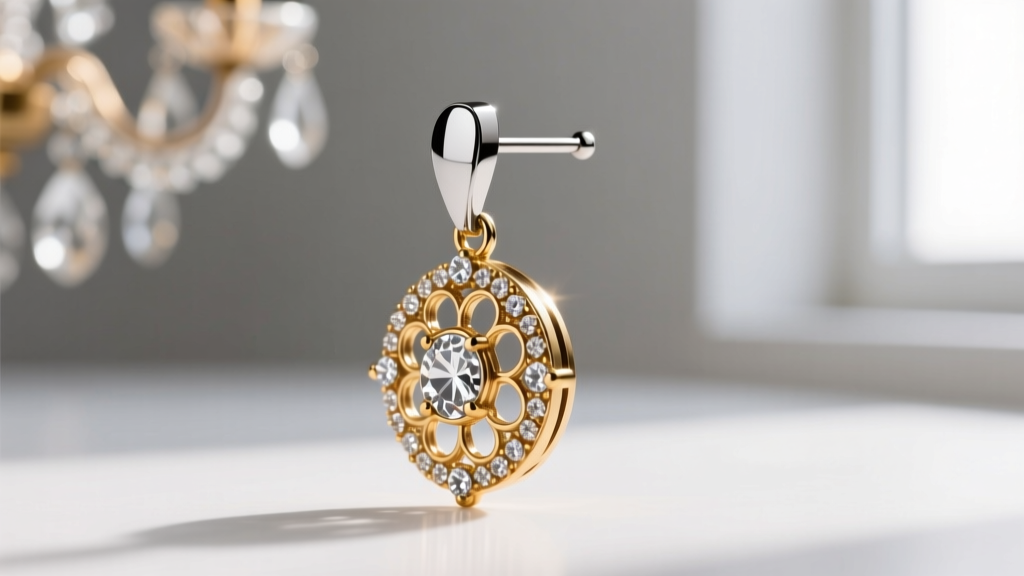 Side view of a converted Marvella chandelier earring showing a modern titanium post attached to a vintage brass rhinestone base.