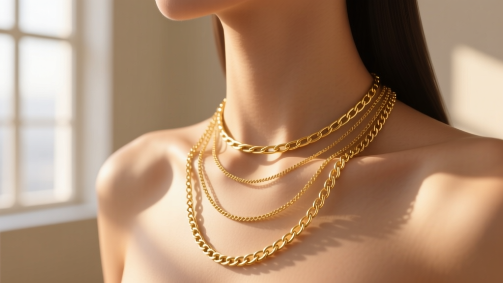 Layered gold necklaces of 14, 16, and 18 inches with varying chain gauges resting perfectly on a collarbone in natural sunlight.