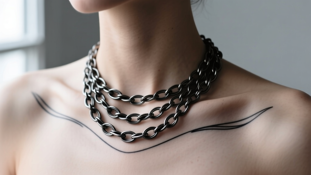 Fine-line black ink tattoo mimicking a layered cable chain necklace resting on a woman's collarbone in soft natural sunlight
