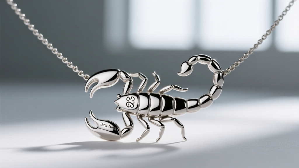 Macro photo of the clasp on a Tiffany Elsa Peretti scorpion necklace, focusing on the crisp 925 silver and copyright hallmarks.