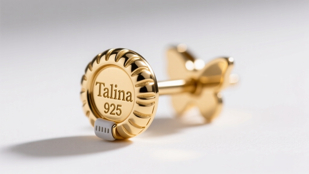 Macro shot of a 14k gold vermeil Talina earring post showing the 925 hallmark stamp and a secure silicone butterfly backing