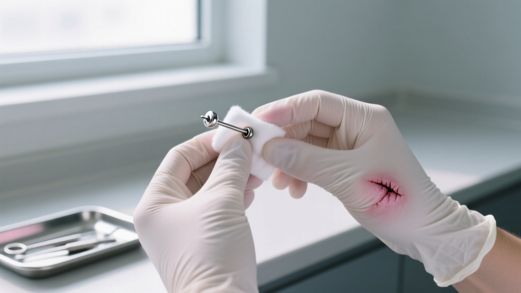 Close-up of gloved hands gently cleaning a healed 16-gauge titanium cartilage stud with a sterile saline swab in a bright clinic.