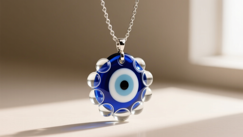 Side profile of hand-blown glass Turkish evil eye nazar pendant on a silver chain, showing layered cobalt and white glass bubbles.
