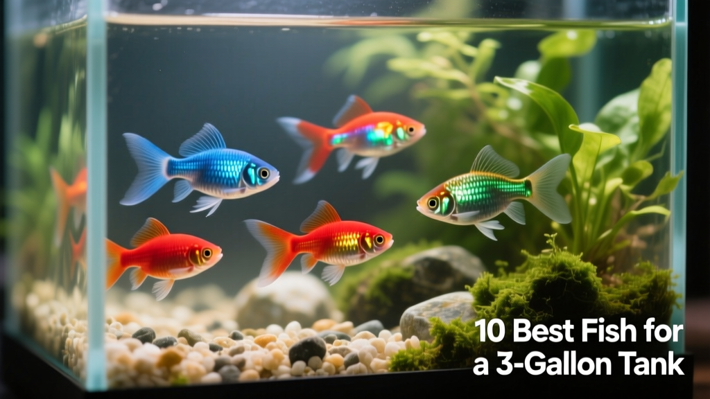 A group of colorful male and female guppies swimming near live plants in a small, clean aquarium