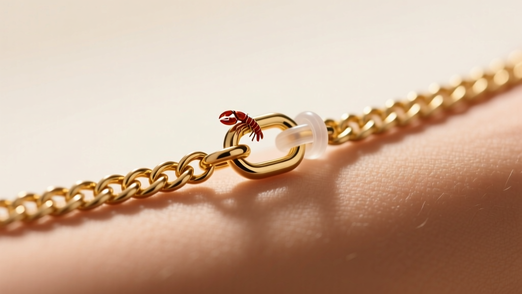 Macro shot of a 14k gold rope chain on skin, showing a small lobster clasp secured in place by a clear silicone stopper ring