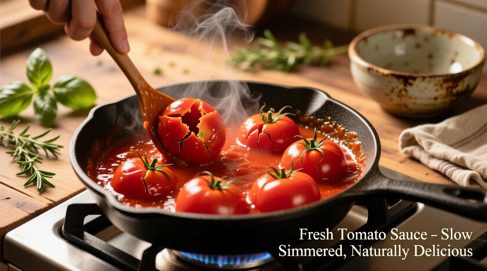 Fresh tomatoes being cooked into vibrant red sauce