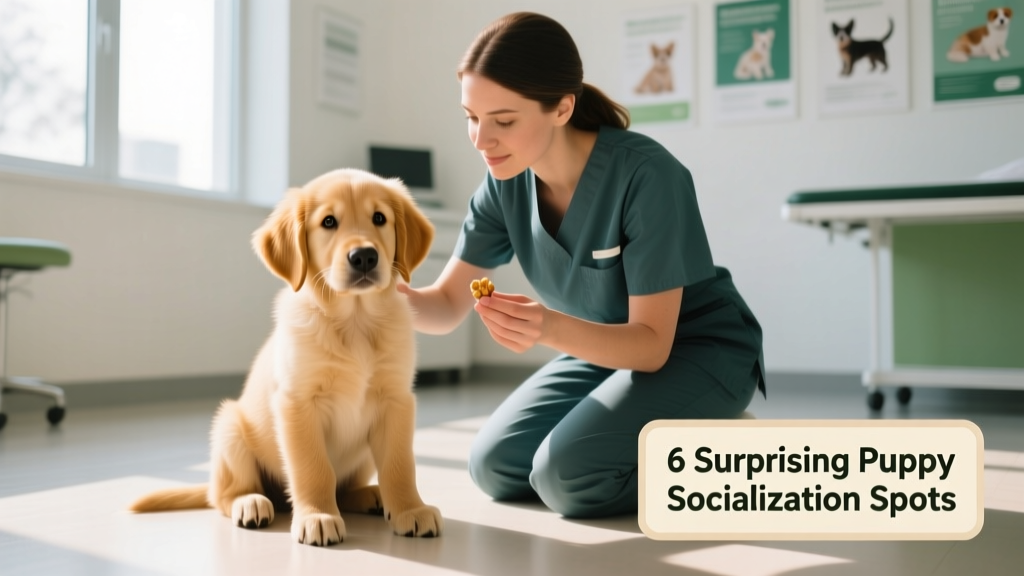 Puppy sitting calmly on a veterinary clinic floor while a technician offers a gentle pat and a treat