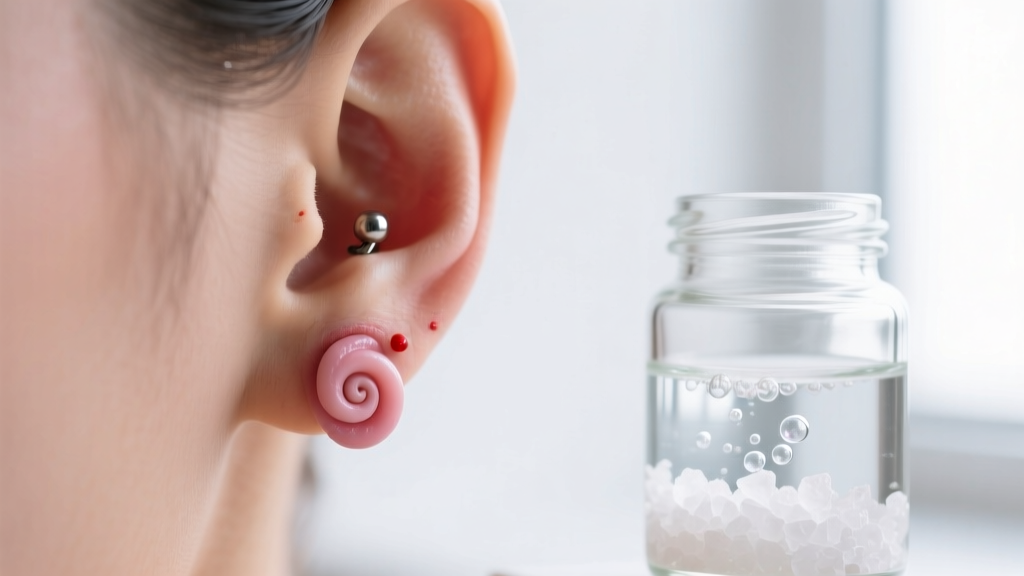 Macro photography of an irritated helix cartilage piercing with a small bump, next to a glass jar of homemade salt water and sea salt