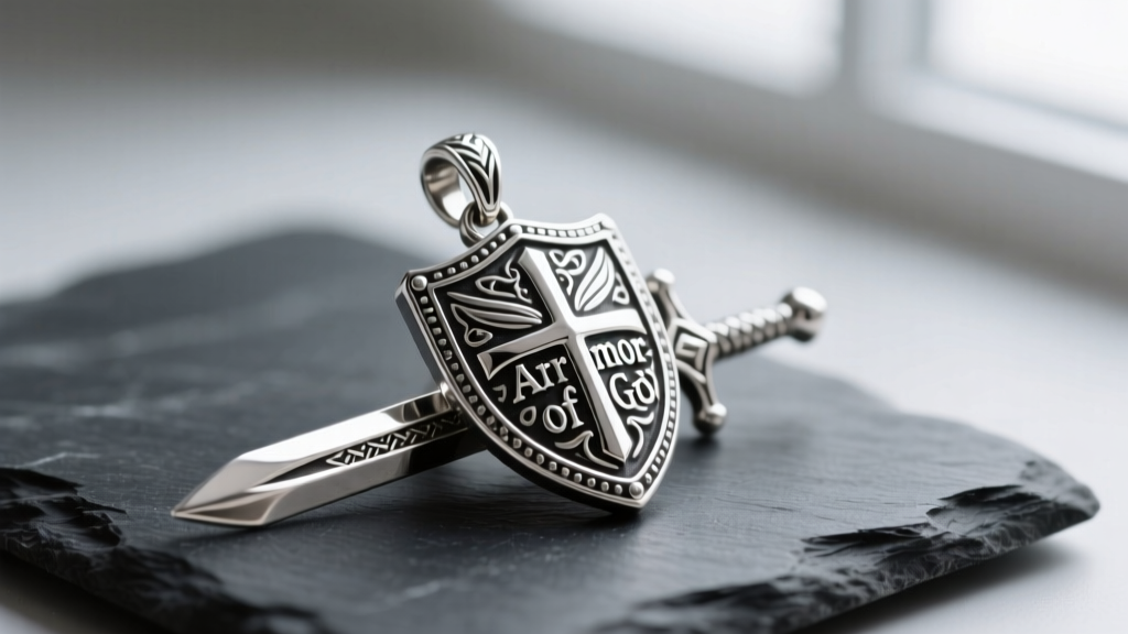 Macro shot of a 925 sterling silver Armor of God pendant featuring a detailed shield and sword, resting on dark slate.