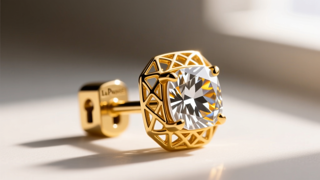 Close-up of an 18-gauge earring post with a La Pousette lock, attached to a heavy Asscher diamond setting in 18k yellow gold.