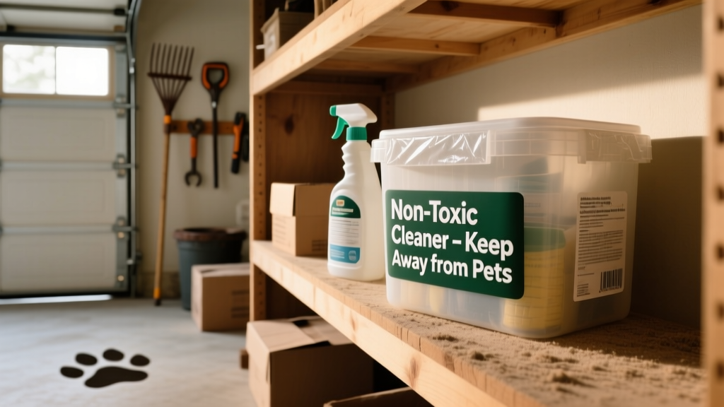 A labeled, sealed container of cleaning supplies stored securely on a high garage shelf away from pets