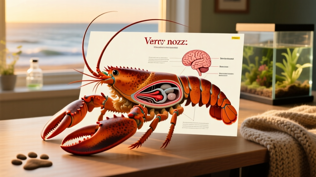 Scientific diagram showing lobster anatomy highlighting urinary nozzles near antennae and brain location