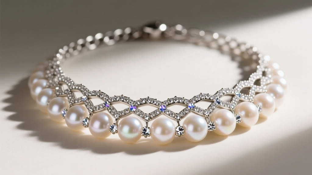 Close-up of a layered pearl rhinestone necklace set featuring 7mm freshwater pearls and faceted crystal accents on a silver chain