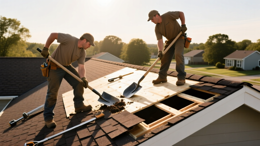 Workers using roofing shovels to tear off aged asphalt shingles from a residential roof deck, exposing plywood underneath