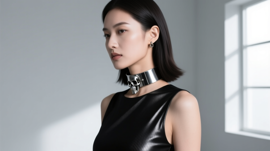 Side profile of a woman wearing 20-gauge steel death