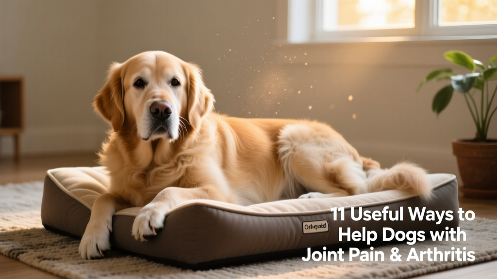 Senior golden retriever lying comfortably on a supportive orthopedic dog bed indoors