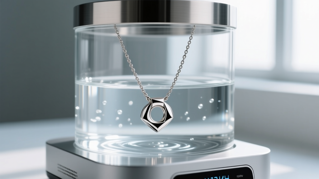 A digital ultrasonic jewelry cleaner emitting 42kHz waves, with a dual-hole steel necklace suspended in the stainless steel tank.