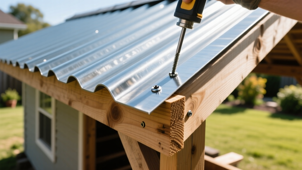 Galvanized corrugated steel roof panel being screwed into wooden purlins of a small backyard shed under bright sunlight
