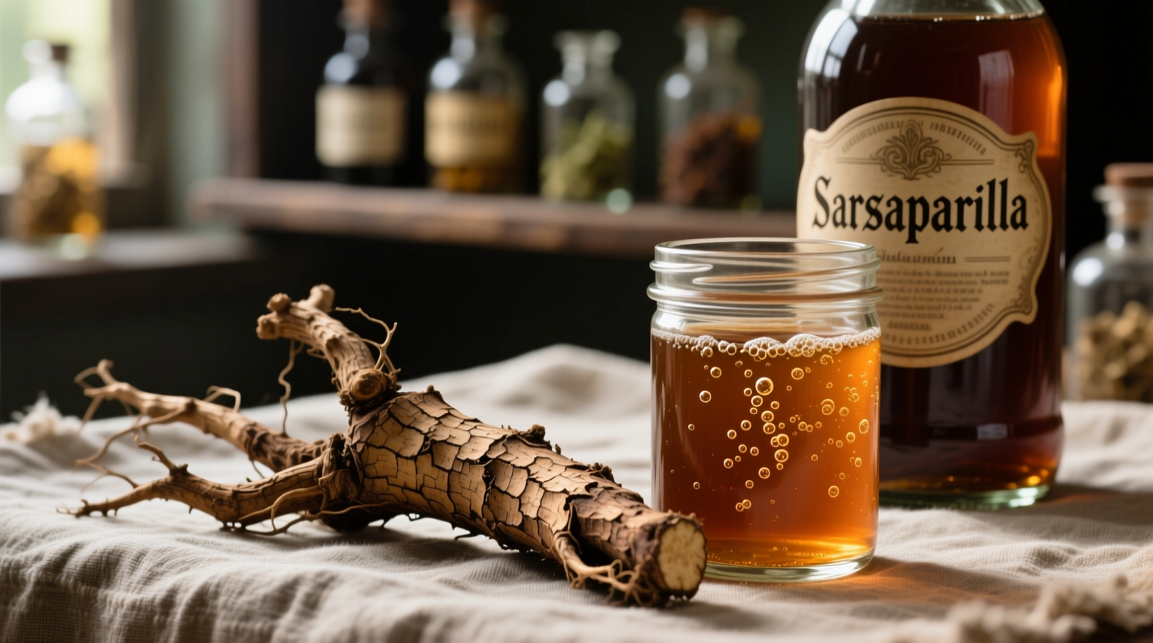 Traditional sarsaparilla root and bottled beverage