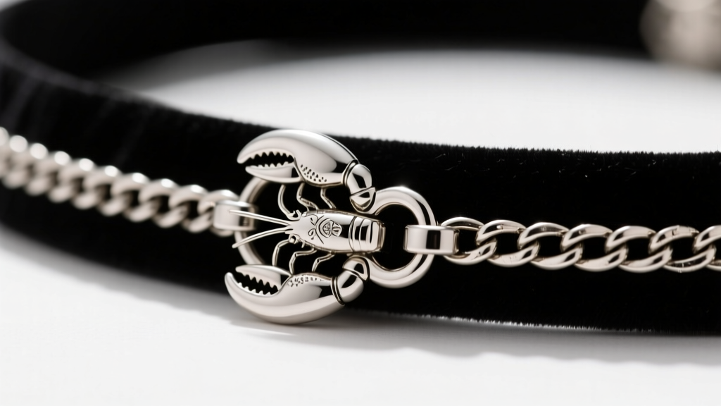 Macro photography of a 5mm stainless steel lobster clasp attached to a 2-inch extender chain on a black velvet choker