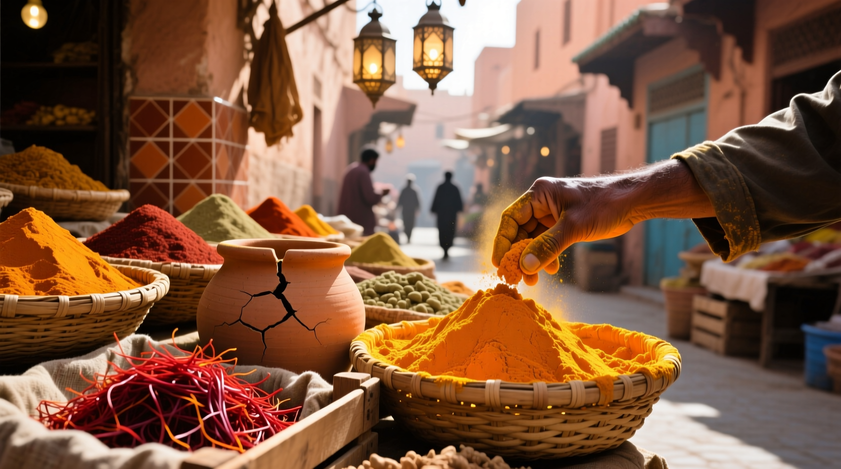 Spice market showing colorful turmeric and saffron