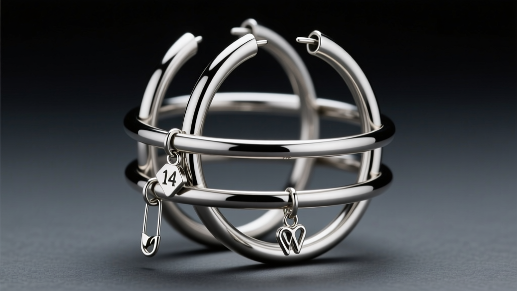 Close-up of layered 14-gauge titanium cartilage hoops with dangling silver safety pin charms against a dark moody studio backdrop