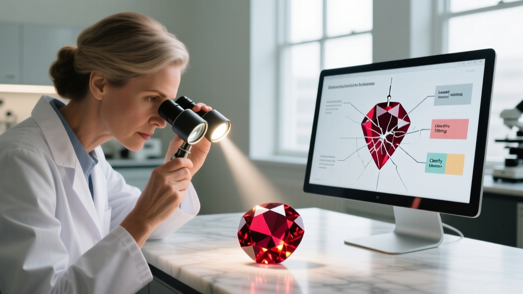 Lapidary examining a fractured ruby under a dual-light loupe, with a diagram of gem treatment visible on a nearby computer screen
