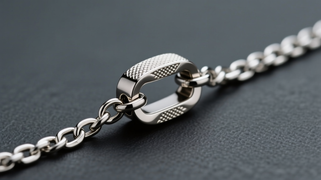 Macro shot of a brushed titanium magnetic necklace clasp connecting a 2mm silver rolo chain against a dark slate background.