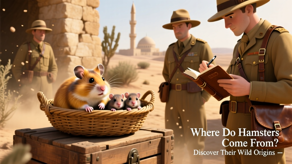 Historical illustration-style image showing a 1930s expedition team in Aleppo with a golden hamster and its pups in a woven basket