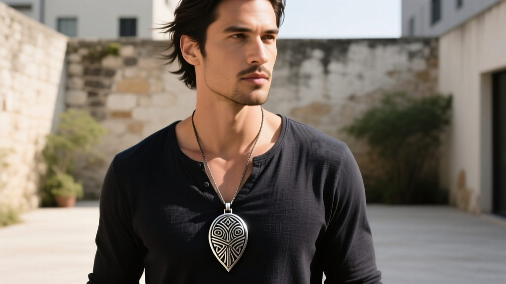 Man in dark henley wearing a tribal silver pendant, casual style, soft natural daylight illuminating the oxidized metal details