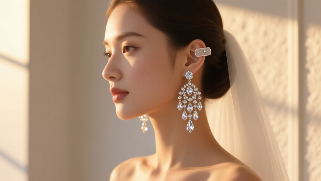 Bride wearing heavy crystal chandelier earrings secured by invisible adhesive earlobe support patches under soft warm lighting.