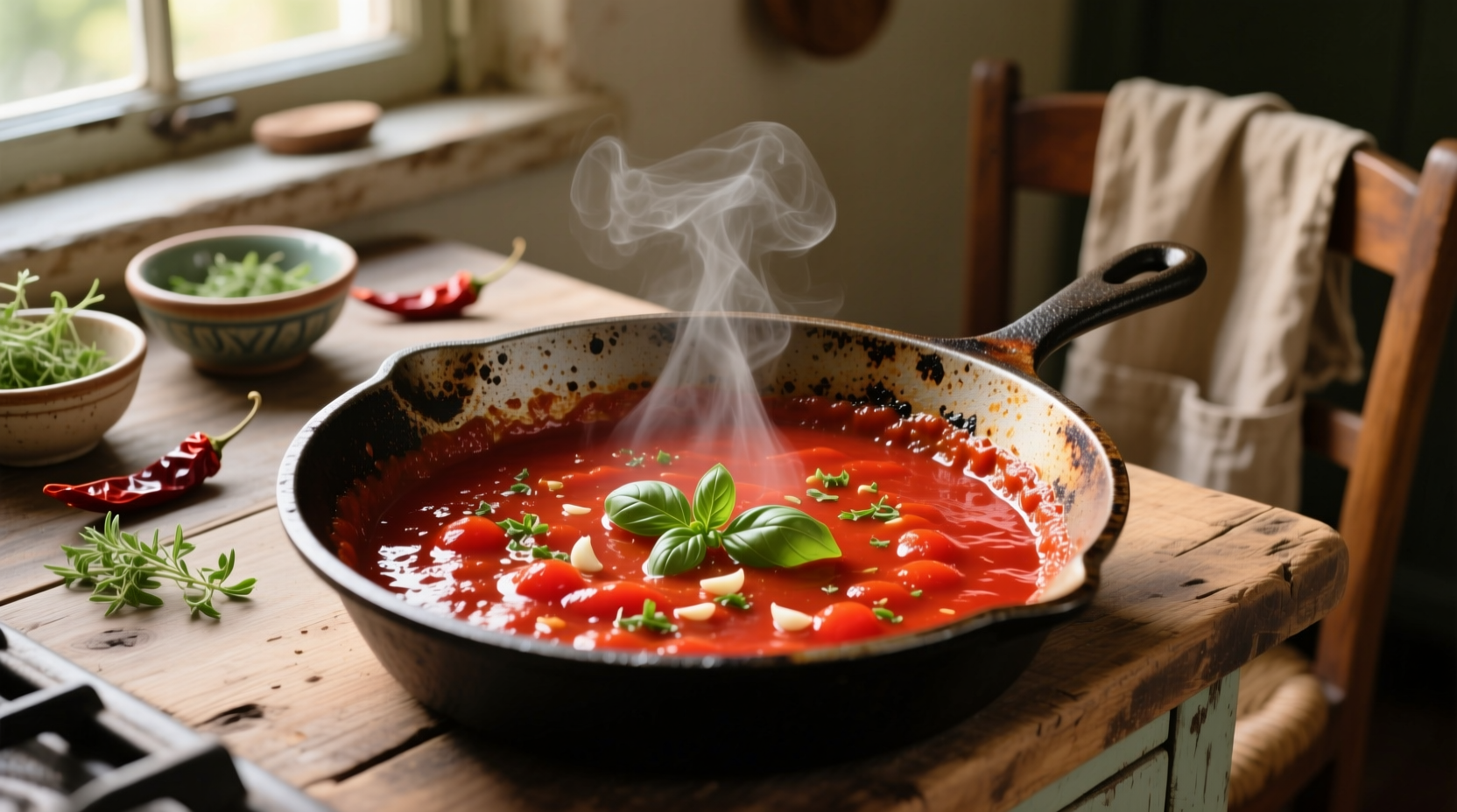 Cast iron skillet with vibrant red tomato sauce