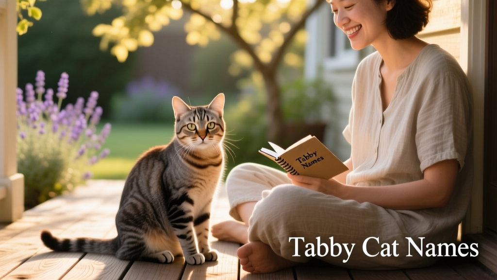A gray-and-brown tabby cat sitting calmly beside their human companion