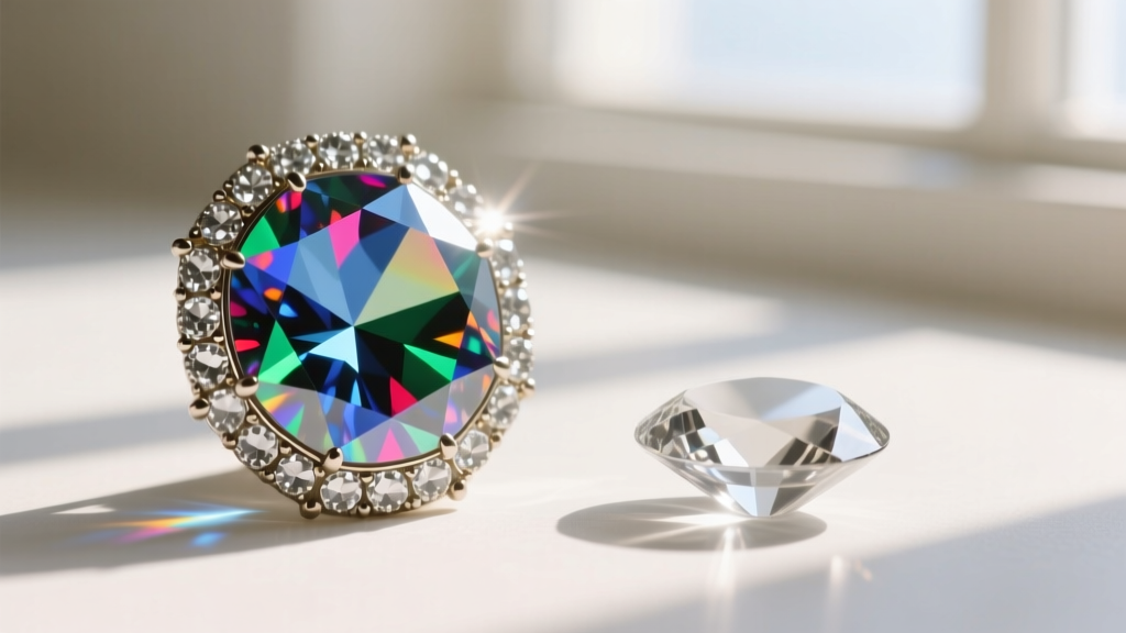 Close-up showing high light refraction of a vintage leaded Austrian rhinestone next to a dull modern acrylic gemstone.