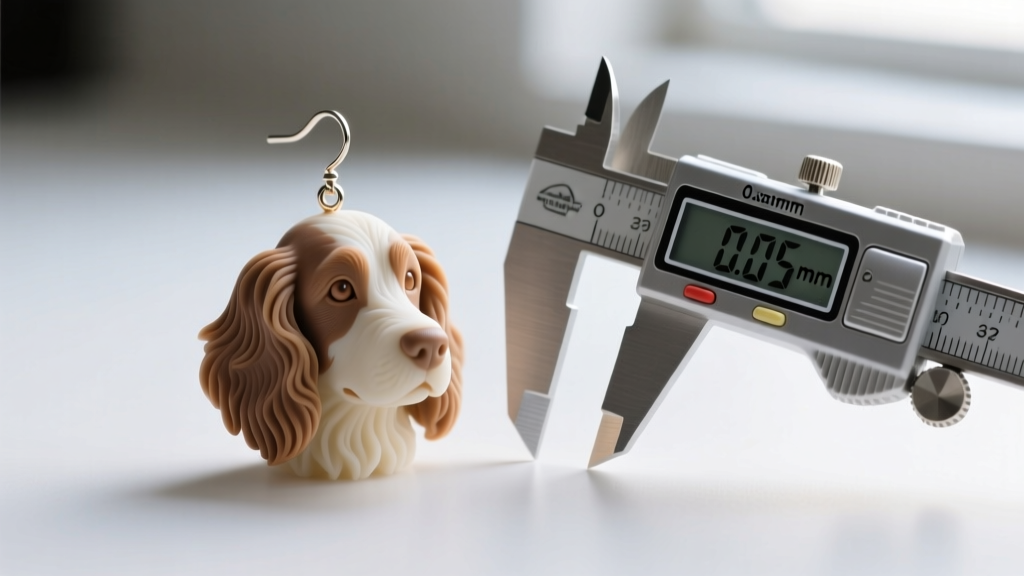 Raw 3D printed castable wax resin model of a spaniel motif earring next to a digital caliper measuring 0.05mm detail resolution.