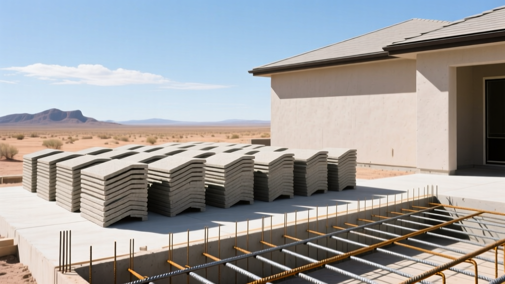 Gilbert Arizona residential construction site showing stacked concrete roof tiles, stucco walls, and post-tension foundation rebar under bright desert sky
