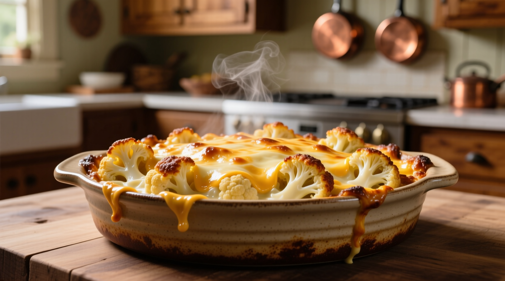 Golden-brown cauliflower casserole with bubbling cheese topping