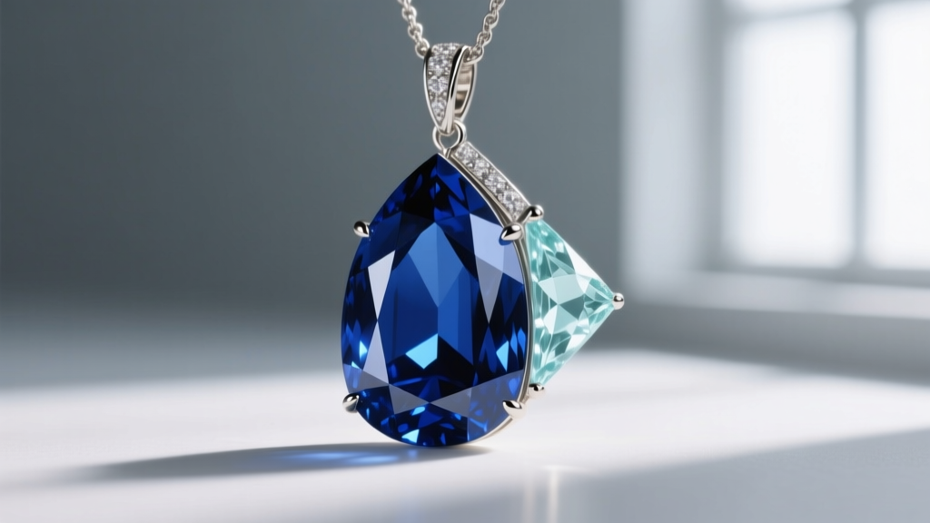 Side profile of a pendant showing the deep pavilion of a blue sapphire next to the shallower step-cut pavilion of a pale aquamarine