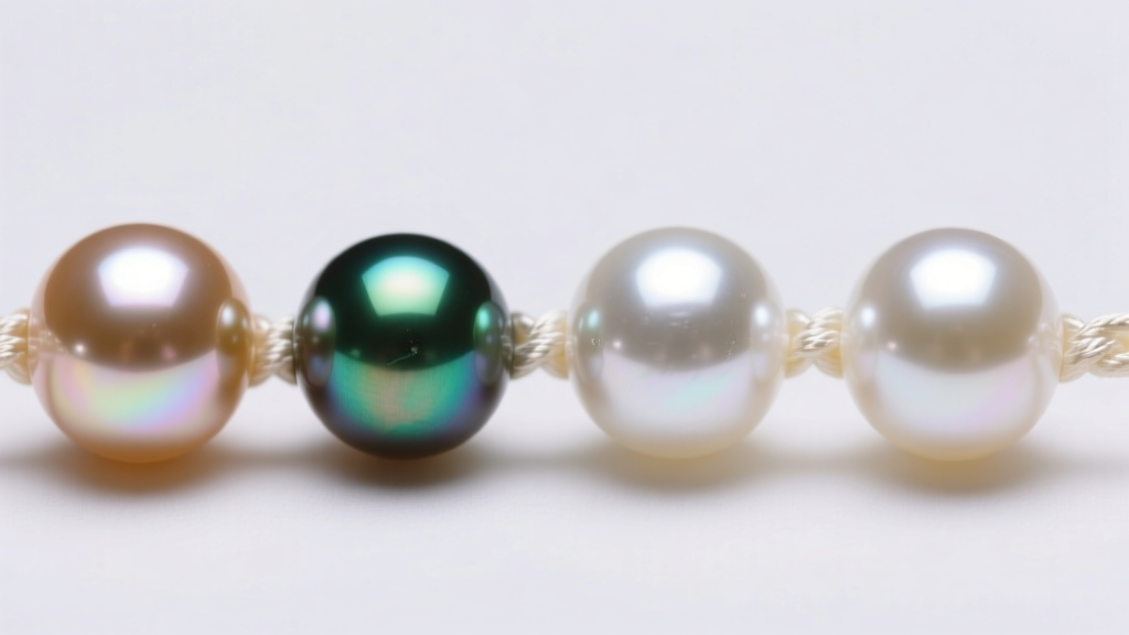 Macro close-up comparing high-luster Hanadama Akoya pearls and standard freshwater pearls on a silk thread, studio lighting setup