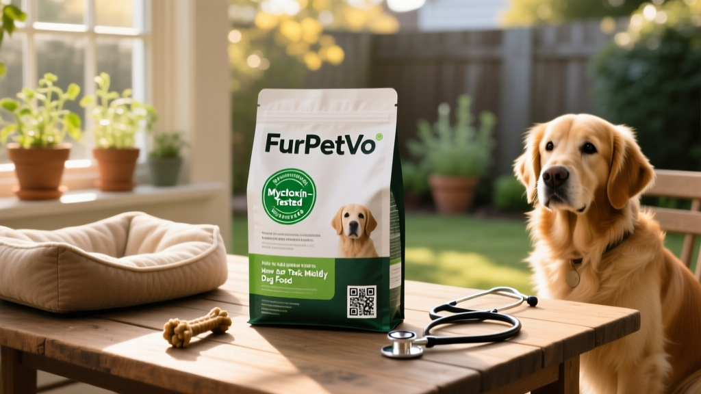 FurPetVo packaging with clear labeling, QR code linking to lab results, and 'Mycotoxin-Tested' seal