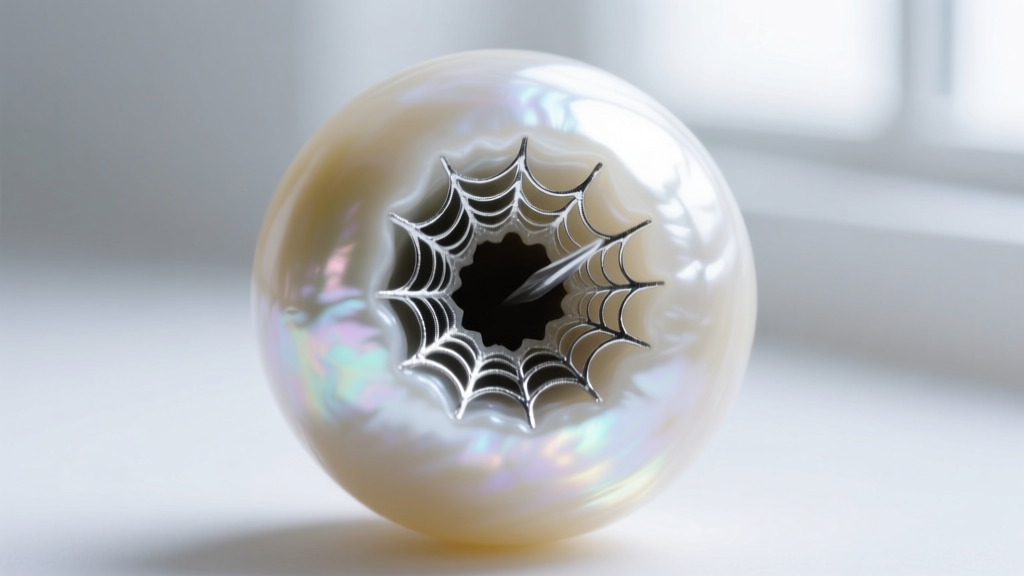 Macro photography of a drilled pearl hole revealing dark silver nitrate dye concentration lines inside a freshwater pearl.