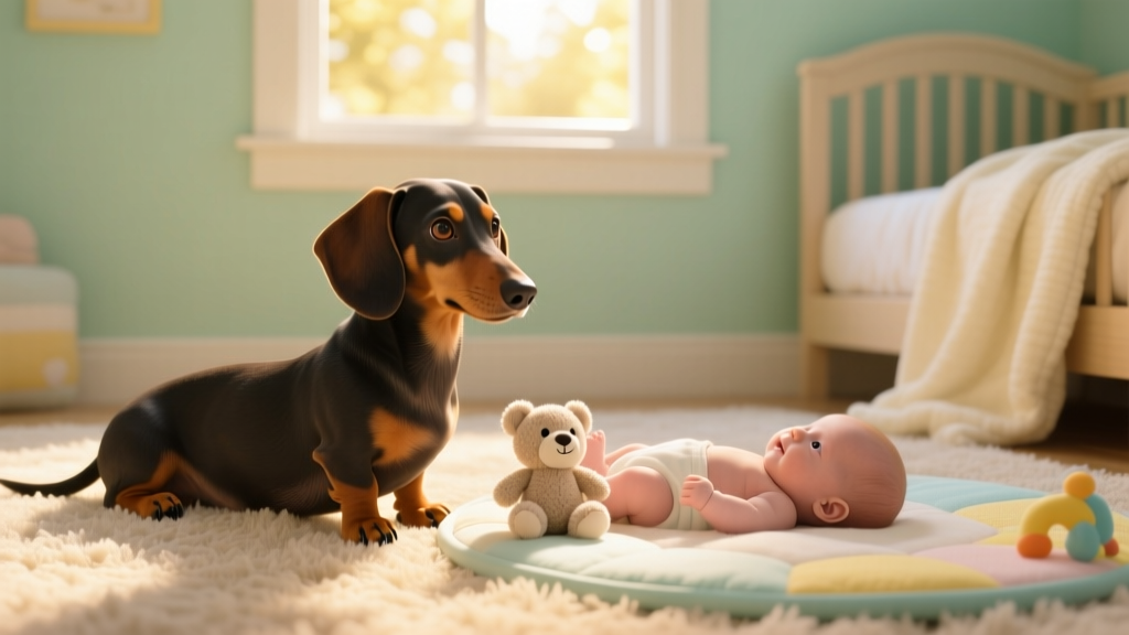 Dachshund sitting patiently beside a baby’s play mat with a soft toy between them