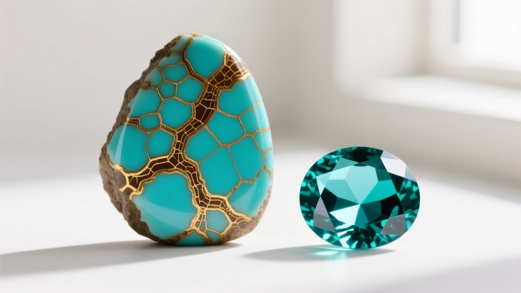 Macro photography of a raw Kingman turquoise cabochon showing intricate golden-brown webbing matrix next to a polished gemstone.