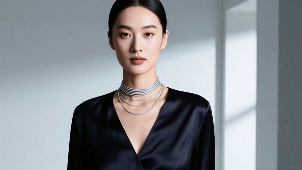 Woman wearing a layered stack with a choker and a silver dainty lariat necklace over a dark silk V-neck blouse in soft light