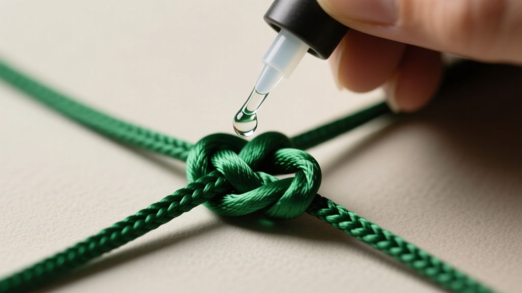 Top-down view of a jeweler applying a micro-drop of clear hypo cement to a finished surgeon knot on a green silk pendant cord.