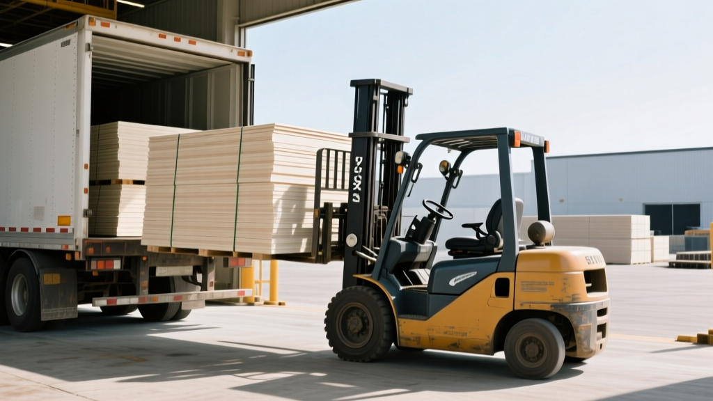 Forklift unloading stacks of 5/8-inch Type X gypsum board from a flatbed boom truck at a commercial construction site loading dock